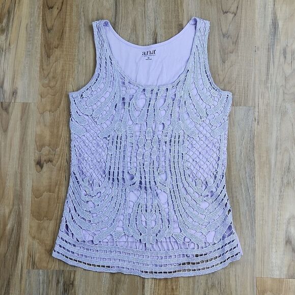 🍑ANA Lavender Metallic Crochet Lace Front Sleeveless Top Medium - Picture 1 of 11
